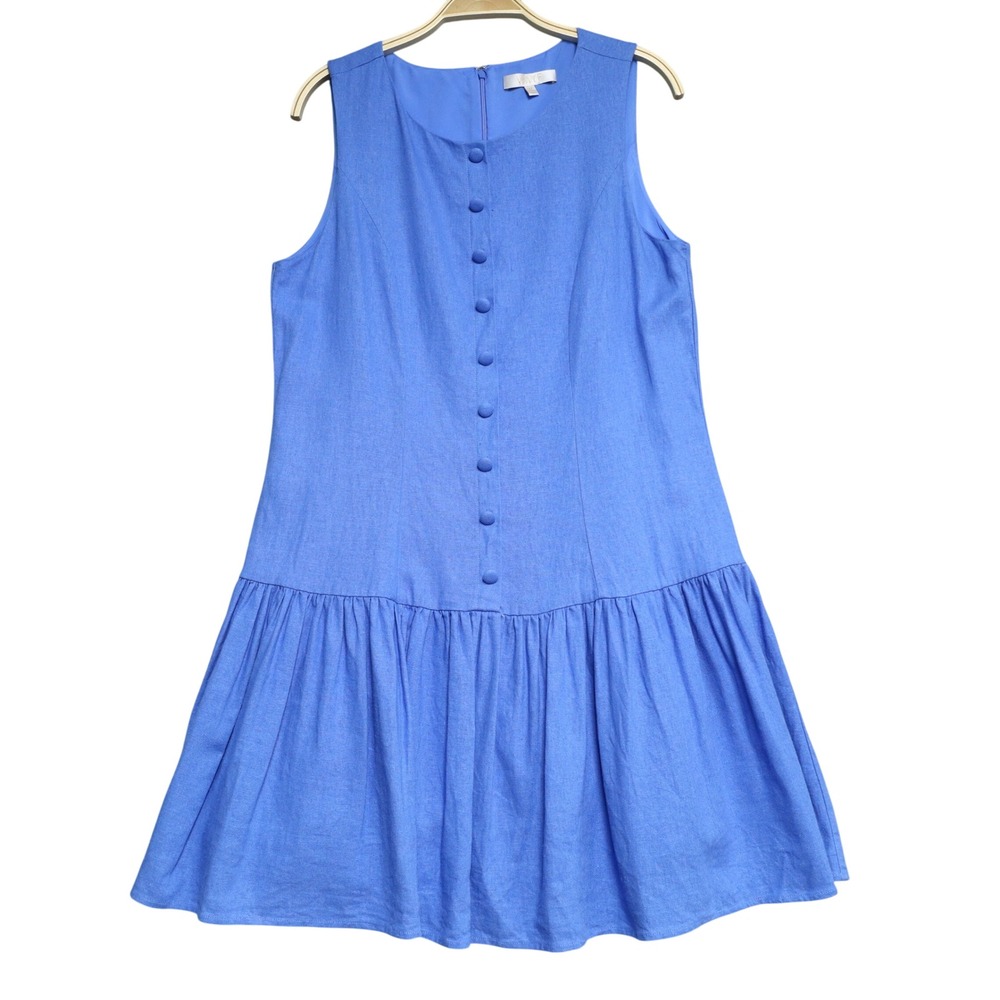 WAYF Linen Blend Button Mini Dress M Blue Drop Waist Ruffle Sleeveless Coastal